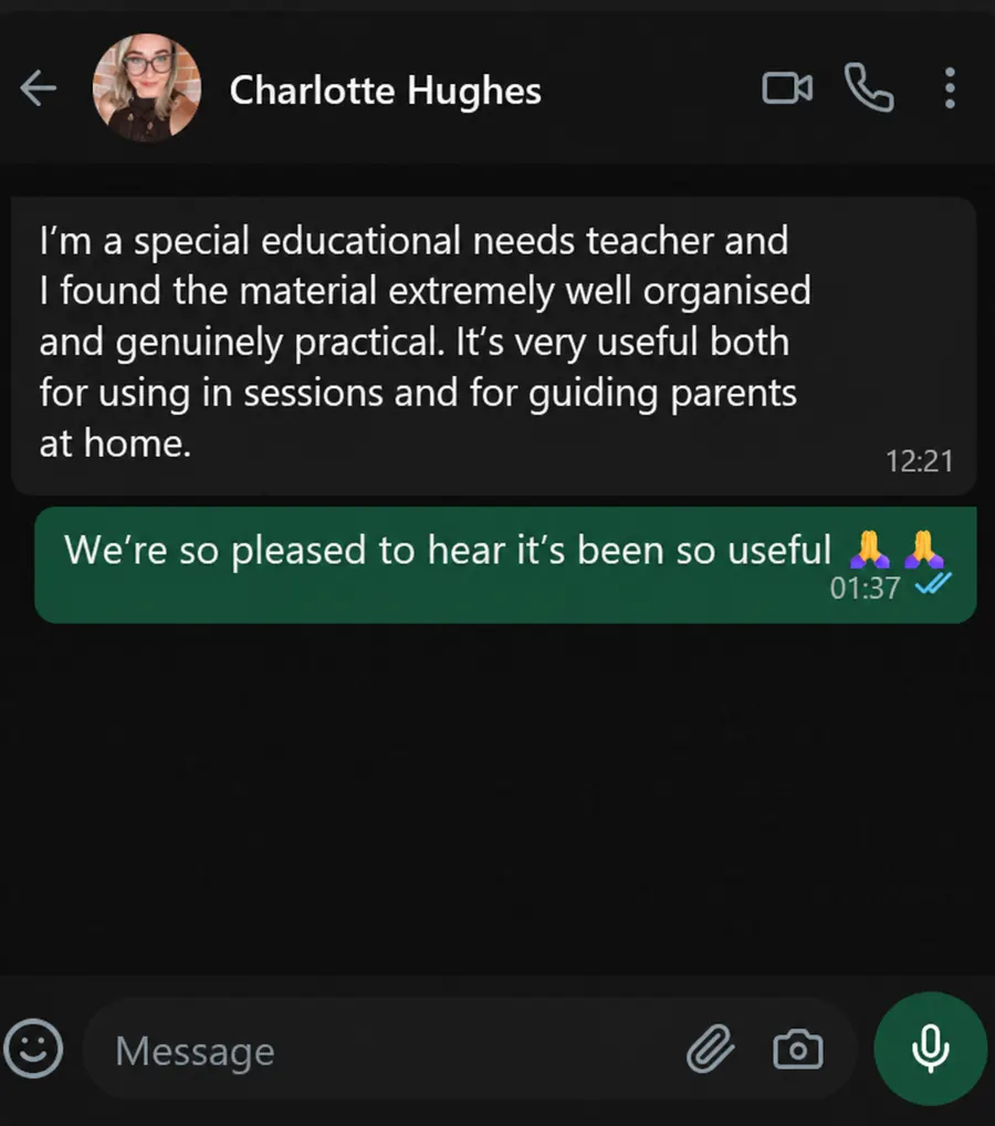 Chat message from Charlotte Hughes, a special educational needs teacher, about the practical materials