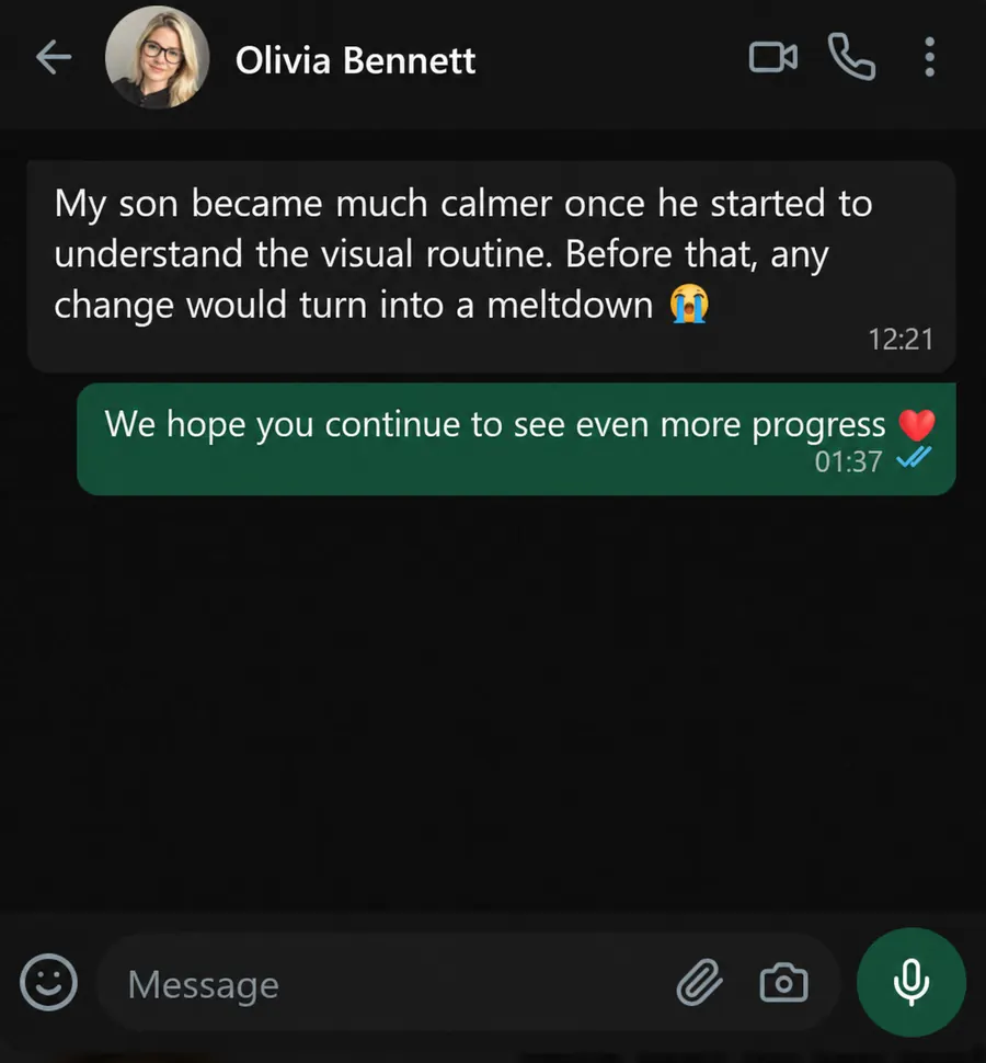 Chat message from Olivia Bennett about her son becoming calmer with the visual routine