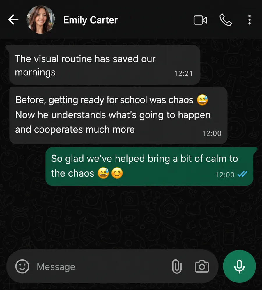 Chat message from Emily Carter about the visual routine saving their mornings